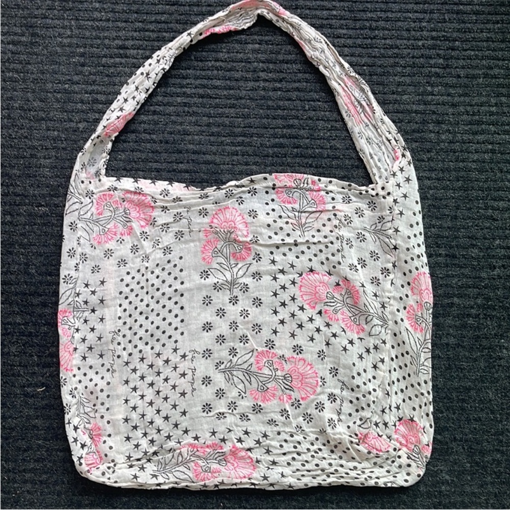Lightweight White & Pink Floral Cotton Tote Bag